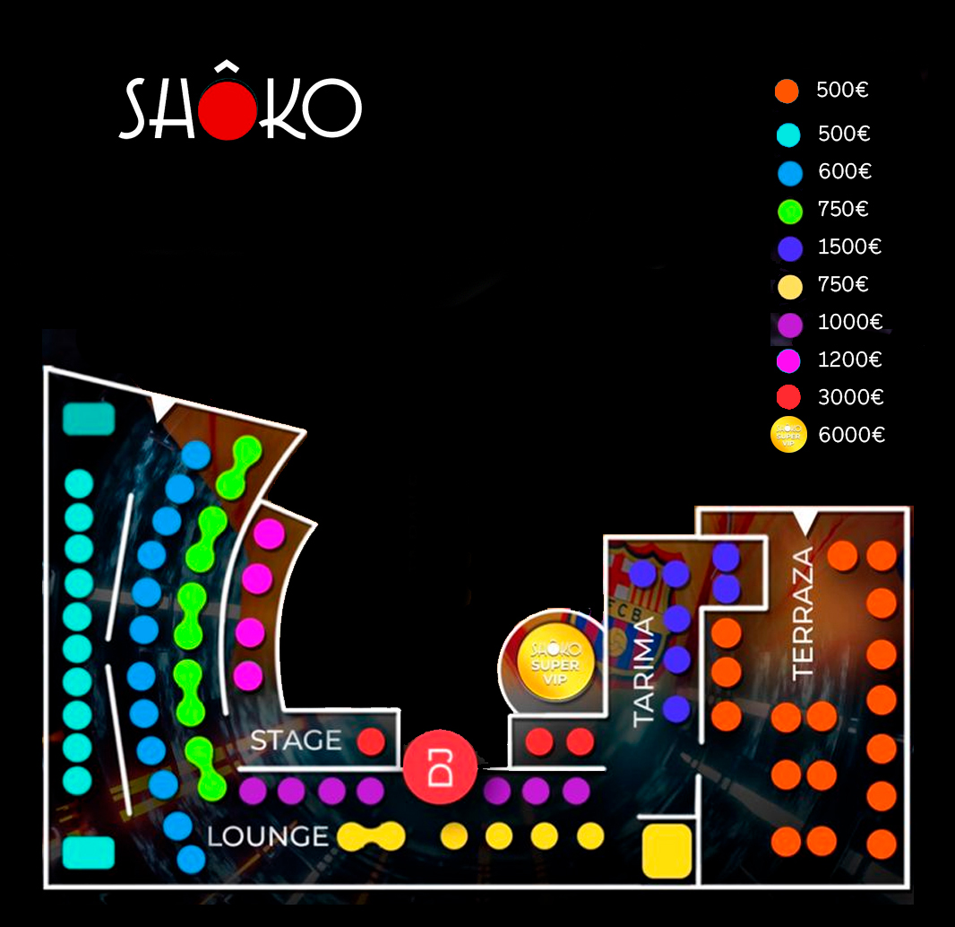 Plano vip mesas shoko barcelona champagne vodka ginebra ron